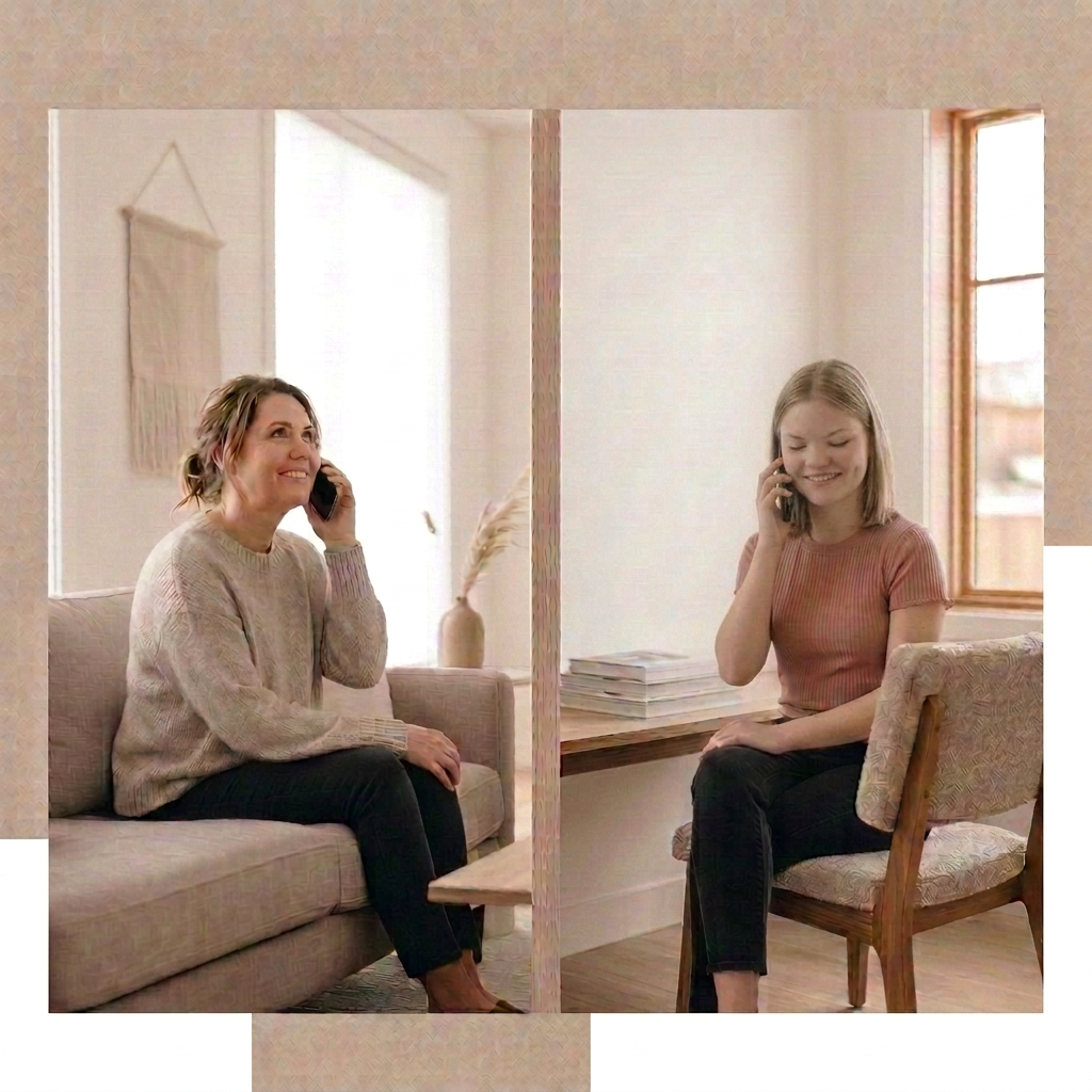 Mother and daughter talking on the phone