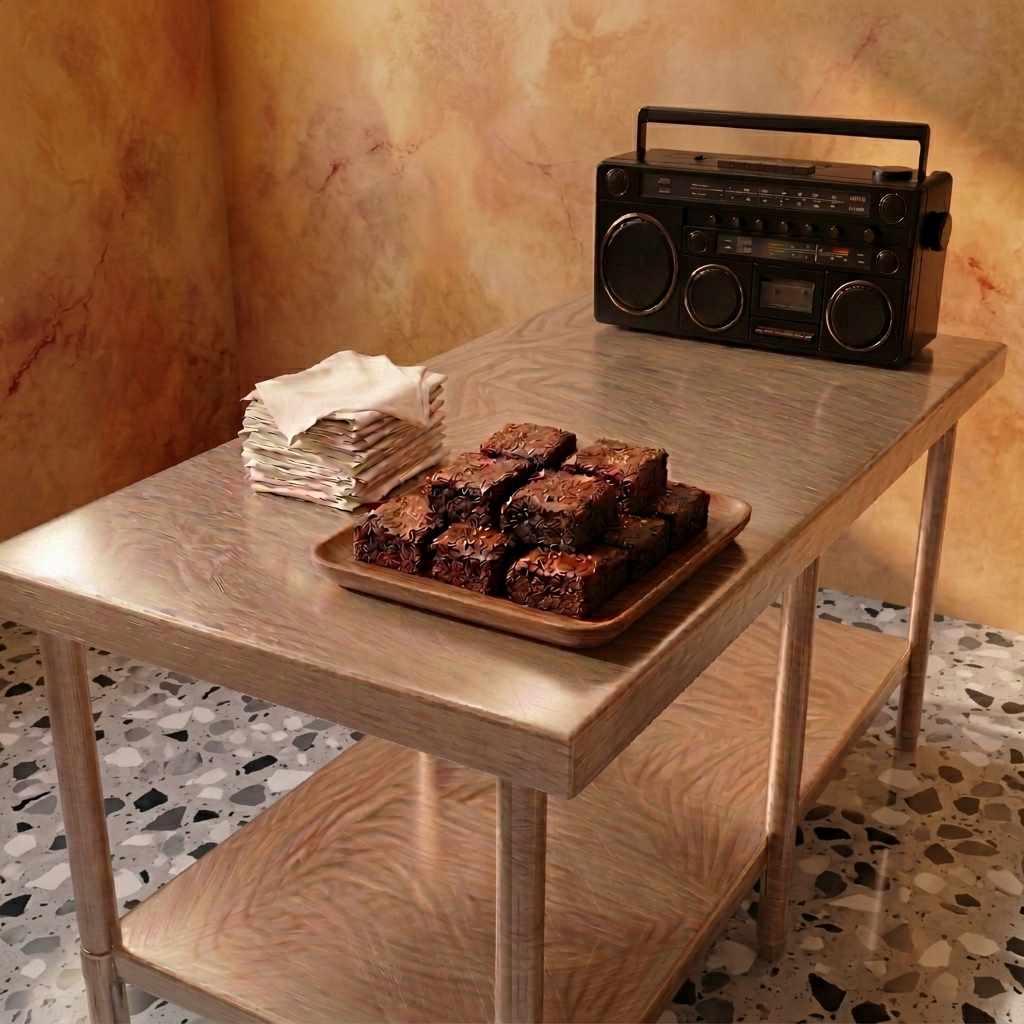 Plate of powdered brownies with berries beside a cup of tea