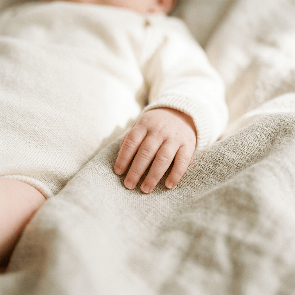 Baby's hand resting on a soft blanket